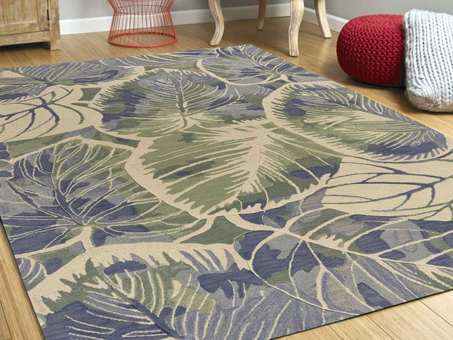 7' X 9' Blue Green And Beige Wool Tropical Botanical Hand Tufted Area Rug