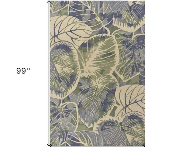 7' X 9' Blue Green And Beige Wool Tropical Botanical Hand Tufted Area Rug