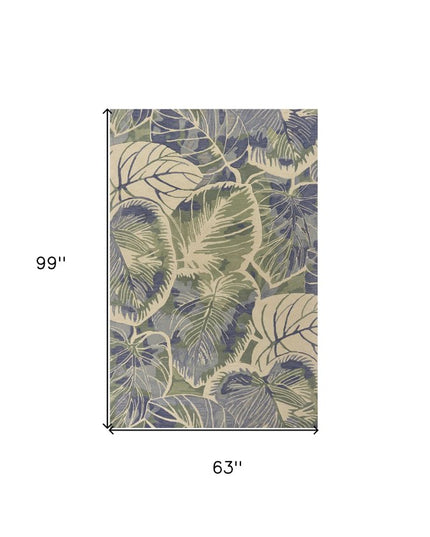 7' X 9' Blue Green And Beige Wool Tropical Botanical Hand Tufted Area Rug