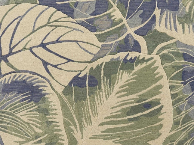 7' X 9' Blue Green And Beige Wool Tropical Botanical Hand Tufted Area Rug