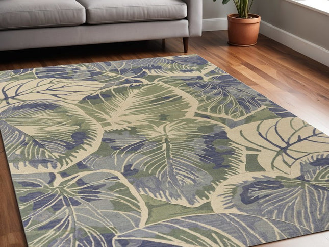 7' X 9' Blue Green And Beige Wool Tropical Botanical Hand Tufted Area Rug