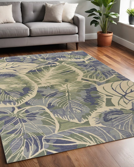 7' X 9' Blue Green And Beige Wool Tropical Botanical Hand Tufted Area Rug