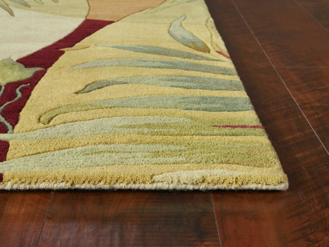 8' X 10' Coral Green And Ivory Wool Tropical Botanical Hand Tufted Area Rug