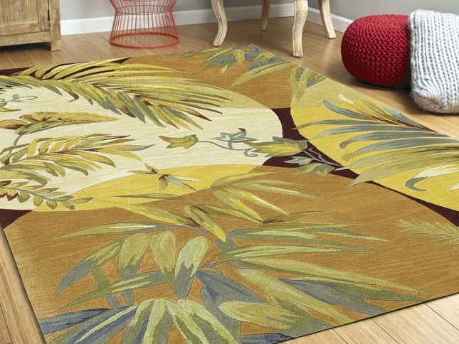 8' X 10' Coral Green And Ivory Wool Tropical Botanical Hand Tufted Area Rug