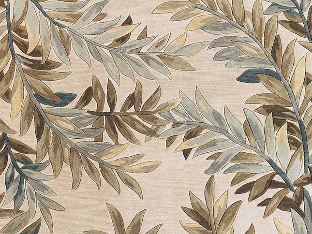 7' X 9' Ivory Brown And Blue Wool Botanical Leaves Hand Tufted Area Rug