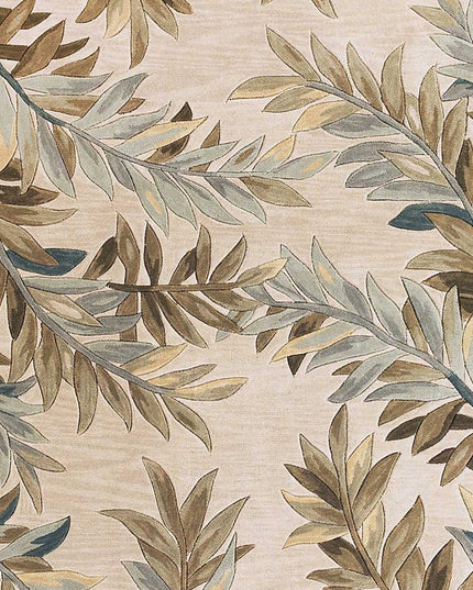 7' X 9' Ivory Brown And Blue Wool Botanical Leaves Hand Tufted Area Rug