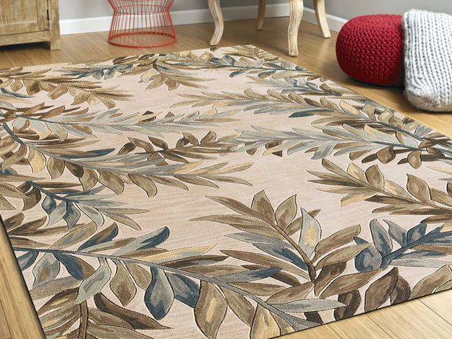 7' X 9' Ivory Brown And Blue Wool Botanical Leaves Hand Tufted Area Rug