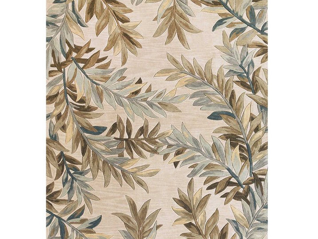 7' X 9' Ivory Brown And Blue Wool Botanical Leaves Hand Tufted Area Rug