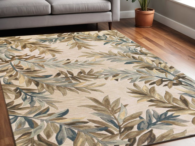 7' X 9' Ivory Brown And Blue Wool Botanical Leaves Hand Tufted Area Rug