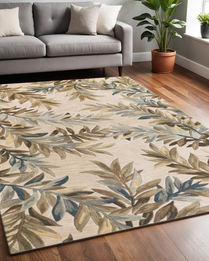 7' X 9' Ivory Brown And Blue Wool Botanical Leaves Hand Tufted Area Rug