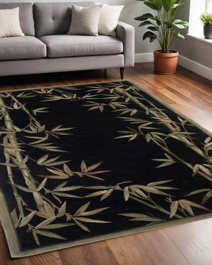 4' X 6' Black Green And Brown Wool Tropical Botanical Hand Tufted Area Rug