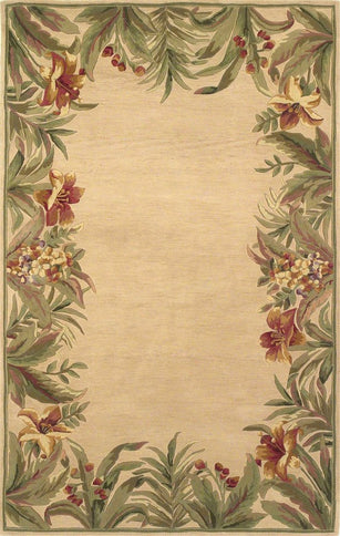 8' X 10' Beige Red And Green Wool Tropical Floral Hand Tufted Area Rug