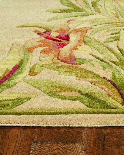 8' X 10' Beige Red And Green Wool Tropical Floral Hand Tufted Area Rug