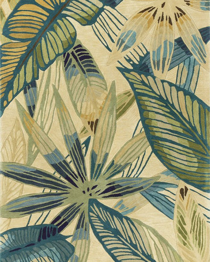 8' X 10' Ivory Teal And Green Wool Tropical Botanical Hand Tufted Area Rug