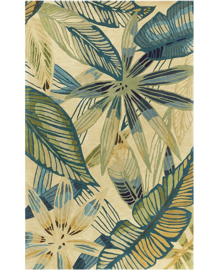 8' X 10' Ivory Teal And Green Wool Tropical Botanical Hand Tufted Area Rug