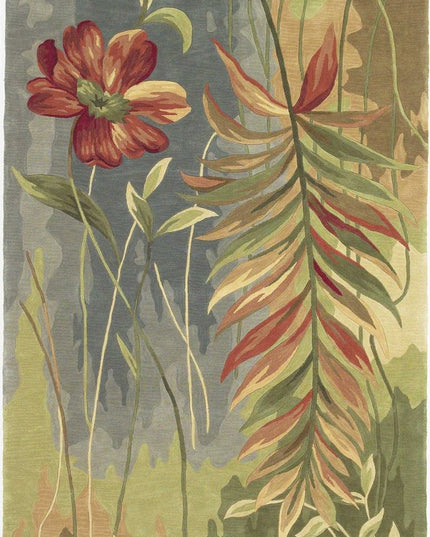 5' X 8' Blue And Green Wool Tropical Botanical Hand Tufted Area Rug