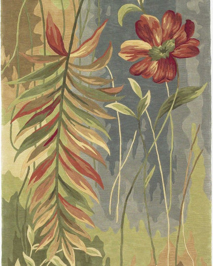 5' X 8' Blue And Green Wool Tropical Botanical Hand Tufted Area Rug