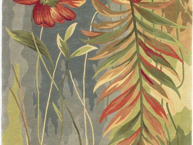 5' X 8' Blue And Green Wool Tropical Botanical Hand Tufted Area Rug