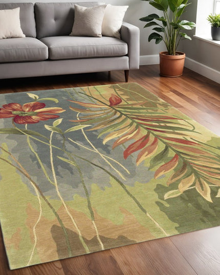 5' X 8' Blue And Green Wool Tropical Botanical Hand Tufted Area Rug
