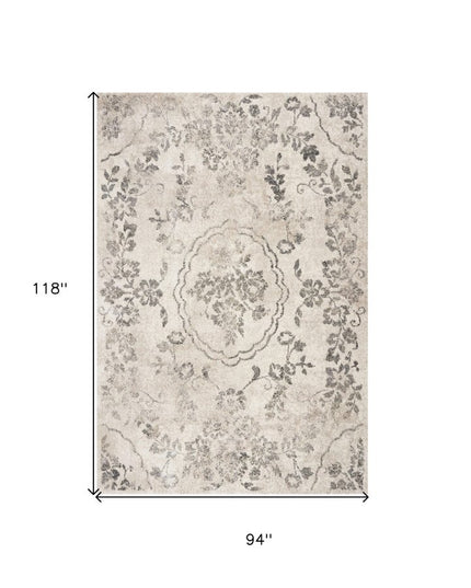 9' X 13' Gray And Tan Floral Distressed Area Rug