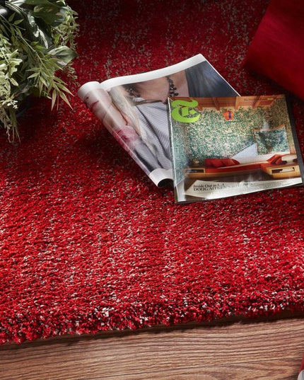 9' X 13' Red Shag Hand Woven Area Rug