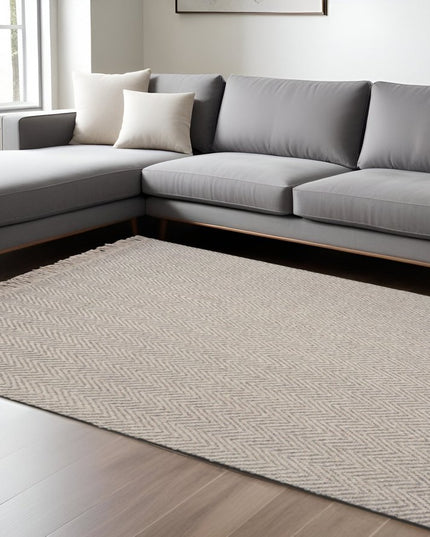 8' X 10' Beige And Gray Wool Chevron Hand Woven Area Rug With Fringe