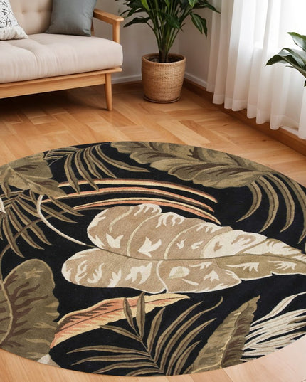 3' X 5' Black Beige And Brown Wool Botanical Leaves Hand Tufted Area Rug
