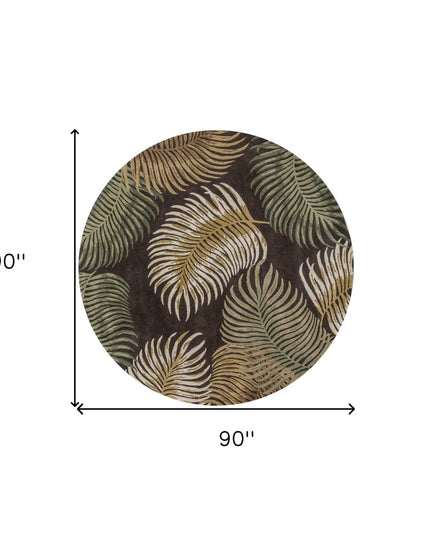 7' Espresso Beige And Green Wool Botanical Leaves Hand Tufted Round Rug