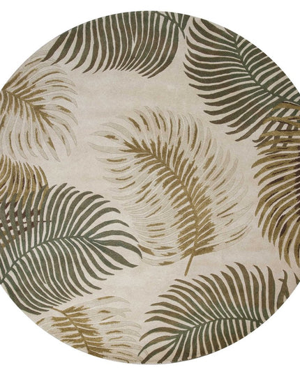 8' Beige Green And Brown Wool Botanical Leaves Hand Tufted Round Rug