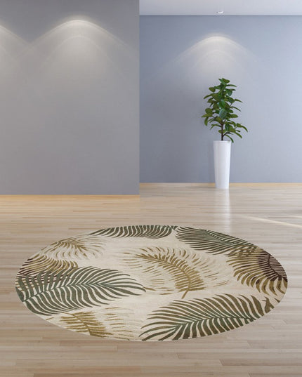 8' Beige Green And Brown Wool Botanical Leaves Hand Tufted Round Rug