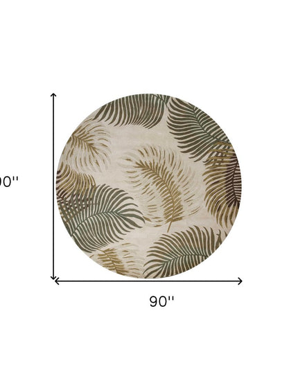 8' Beige Green And Brown Wool Botanical Leaves Hand Tufted Round Rug