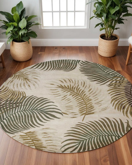 8' Beige Green And Brown Wool Botanical Leaves Hand Tufted Round Rug