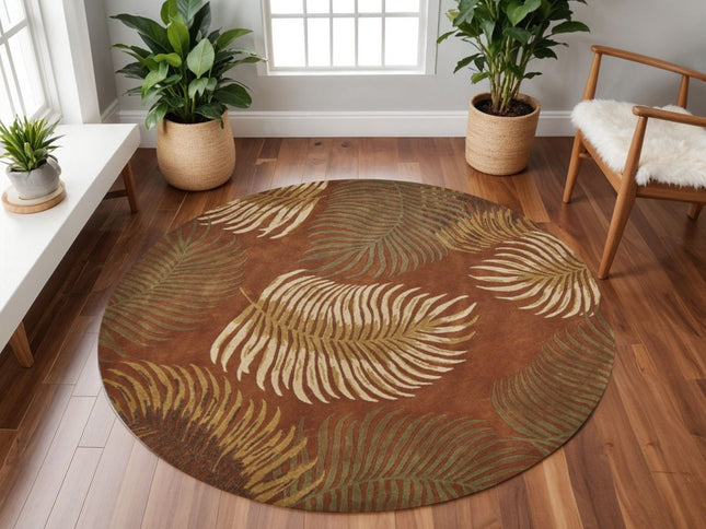 5' X 8' Rust Orange And Green Wool Botanical Leaves Hand Tufted Area Rug