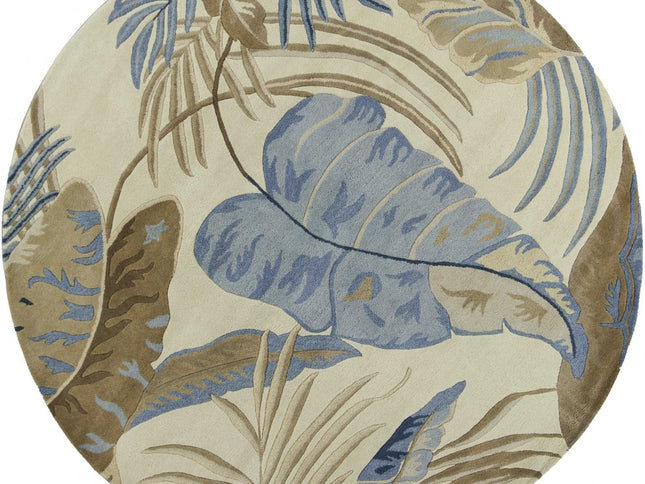 3' X 5' Ivory Blue And Brown Wool Tropical Botanical Hand Tufted Area Rug