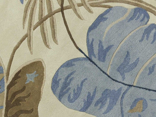 3' X 5' Ivory Blue And Brown Wool Tropical Botanical Hand Tufted Area Rug