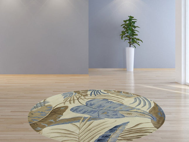 3' X 5' Ivory Blue And Brown Wool Tropical Botanical Hand Tufted Area Rug