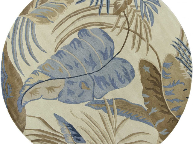 3' X 5' Ivory Blue And Brown Wool Tropical Botanical Hand Tufted Area Rug