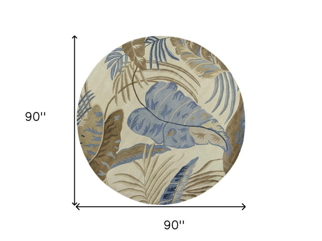 3' X 5' Ivory Blue And Brown Wool Tropical Botanical Hand Tufted Area Rug