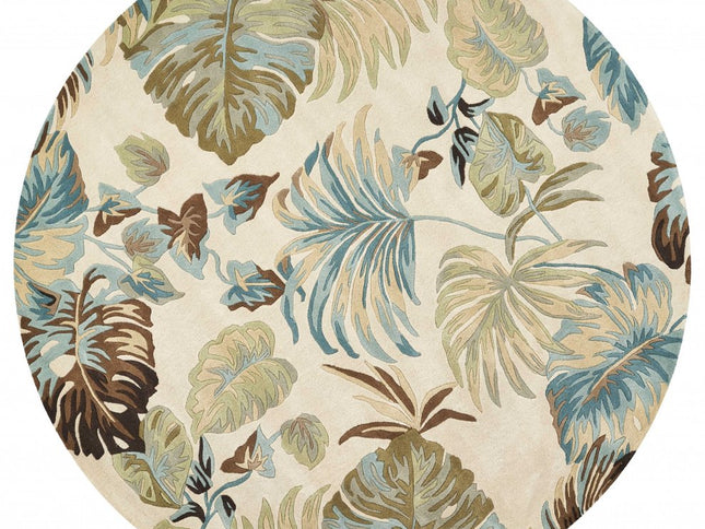 7' Ivory And Blue Wool Botanical Leaves Hand Tufted Round Rug