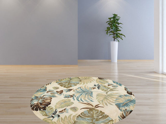 7' Ivory And Blue Wool Botanical Leaves Hand Tufted Round Rug