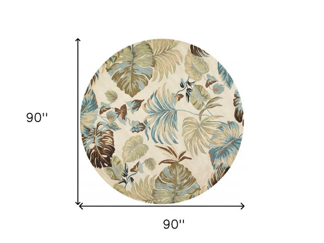 7' Ivory And Blue Wool Botanical Leaves Hand Tufted Round Rug