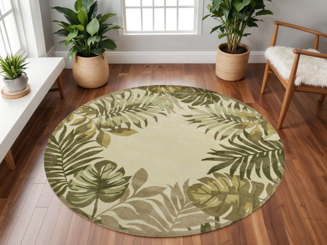 8' X 11' Ivory And Green Wool Botanical Leaves Hand Tufted Area Rug