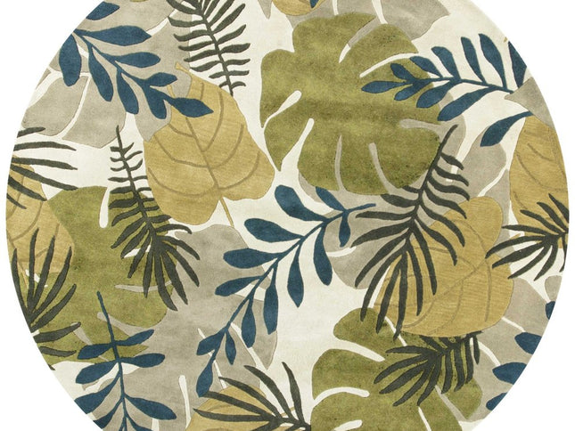 8' X 11' Ivory Green And Blue Wool Botanical Leaves Hand Tufted Area Rug