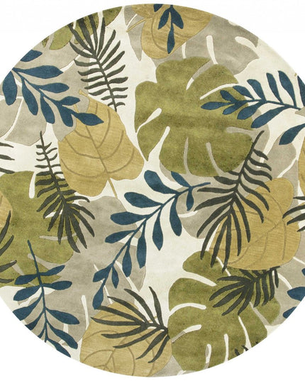 8' X 11' Ivory Green And Blue Wool Botanical Leaves Hand Tufted Area Rug