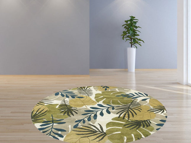 8' X 11' Ivory Green And Blue Wool Botanical Leaves Hand Tufted Area Rug