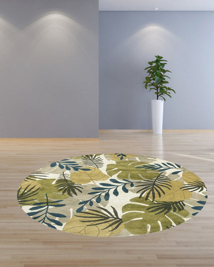 8' X 11' Ivory Green And Blue Wool Botanical Leaves Hand Tufted Area Rug