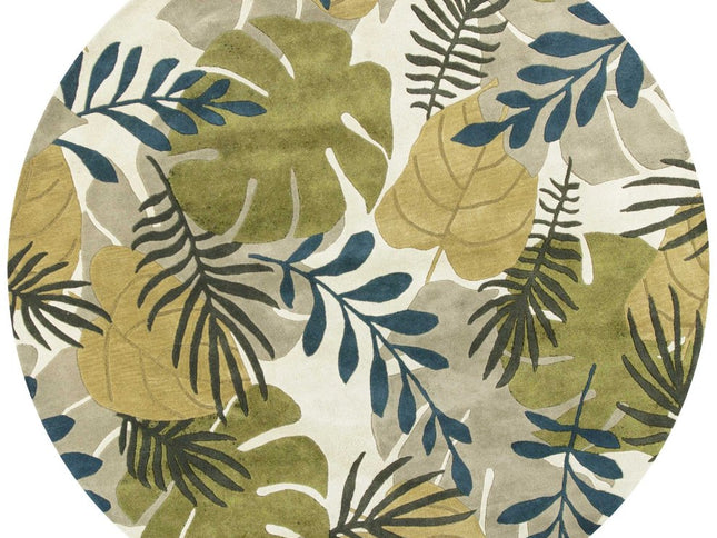 8' X 11' Ivory Green And Blue Wool Botanical Leaves Hand Tufted Area Rug