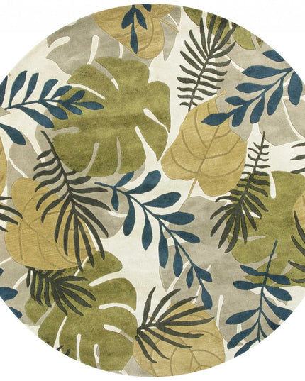 8' X 11' Ivory Green And Blue Wool Botanical Leaves Hand Tufted Area Rug