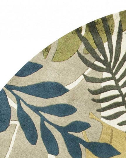 8' X 11' Ivory Green And Blue Wool Botanical Leaves Hand Tufted Area Rug