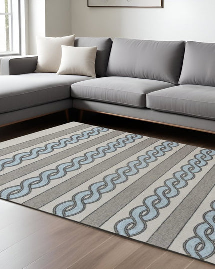 8' X 11' Ivory Light Blue And Gray Geometric Hand Hooked Area Rug